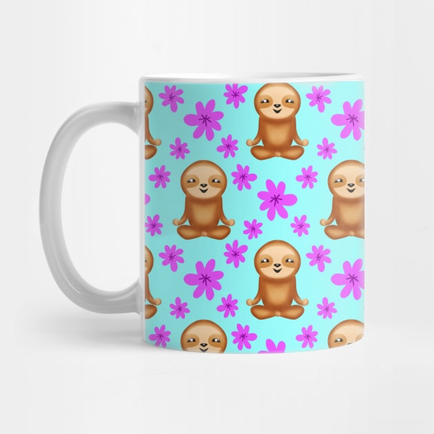 Funny cute little meditating relaxed chilling zen sloths and pretty pink spring flowers white bright baby blue pattern. Gifts for sloth and nature lovers. by IvyArtistic